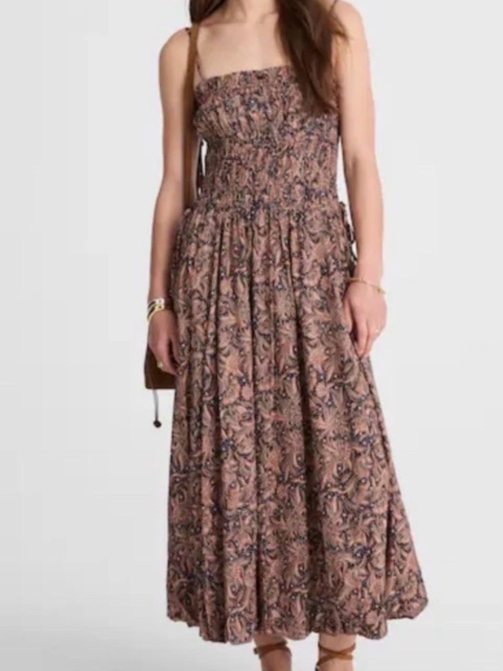 Madewell Brown Paisley Smocked Midi Dress